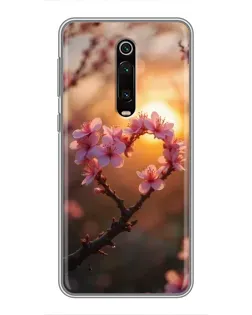 Чохол для Xiaomi Redmi K20 з картинкою «Рожевий цвіт  сердечко на тлі заходу»