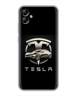 Чехол для Samsung Galaxy A04e (A042) с картинкой «Tesla — серебристое авто»