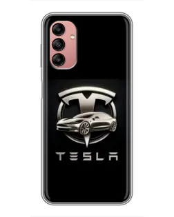 Чехол для Samsung Galaxy A04s с картинкой «Tesla — серебристое авто»