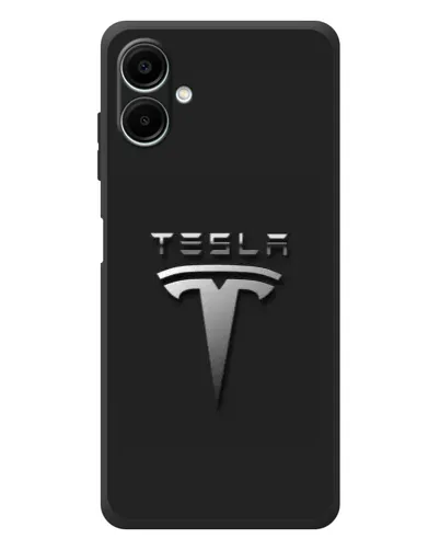 Чехол для Samsung Galaxy A08 с картинкой «Стальной логотип Tesla»