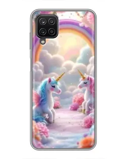 Чехол для Samsung Galaxy A12 с картинкой «Радуга и единороги»