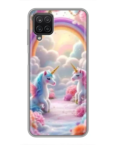 Чехол для Samsung Galaxy A12 с картинкой «Радуга и единороги»