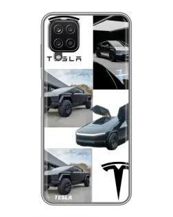 Чехол для Samsung Galaxy A12 с картинкой «Коллаж Cybertruck Tesla»