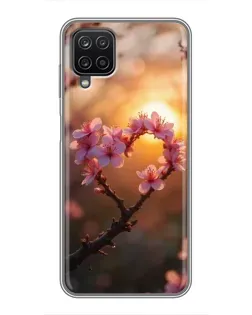 Чехол для Samsung Galaxy A12 с картинкой «Розовый цвет сердце на фоне заката»