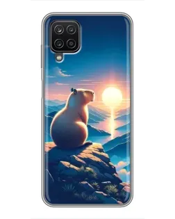 Чехол для Samsung Galaxy A12 с картинкой «Закат солнца с капибарой»
