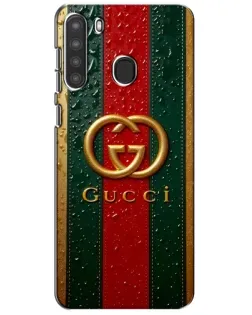 Чехол для Samsung Galaxy A21 (A215) с картинкой «Gucci — фирменная полоса и золото» Чехол для Samsung Galaxy A21 (A215) с картинкой «Gucci — фирменная полоса и золото»