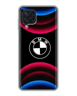 Чехол для Samsung Galaxy A22 с картинкой «Логотип BMW и неоновые дуги»