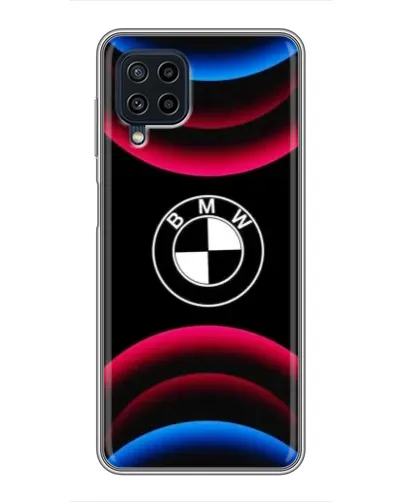 Чехол для Samsung Galaxy A22 с картинкой «Логотип BMW и неоновые дуги»