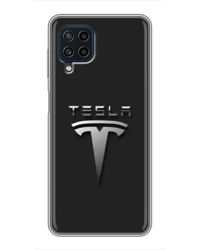 Чехол для Samsung Galaxy A22 с картинкой «Стальной логотип Tesla»