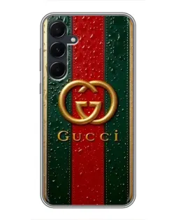 Чехол для Samsung Galaxy A55 с картинкой «Gucci — фирменная полоса и золото»