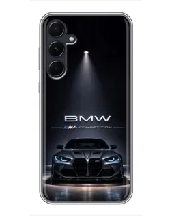 Чехол для Samsung Galaxy A55 с картинкой «BMW сквозь ночной город»