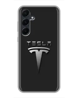 Чехол для Samsung Galaxy A55 с картинкой «Стальной логотип Tesla»