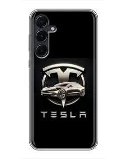 Чехол для Samsung Galaxy A55 с картинкой «Tesla — серебристое авто»