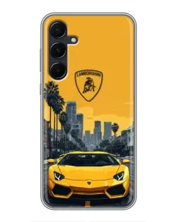 Чехол для Samsung Galaxy A55 с картинкой «Желтый Lamborghini город»
