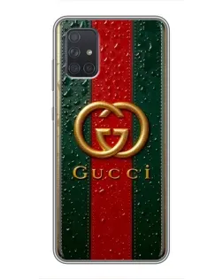 Чехол для Samsung Galaxy A71 (A715) с картинкой «Gucci — фирменная полоса и золото»
