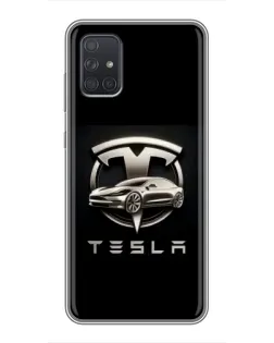 Чехол для Samsung Galaxy A72 с картинкой «Tesla — серебристое авто»