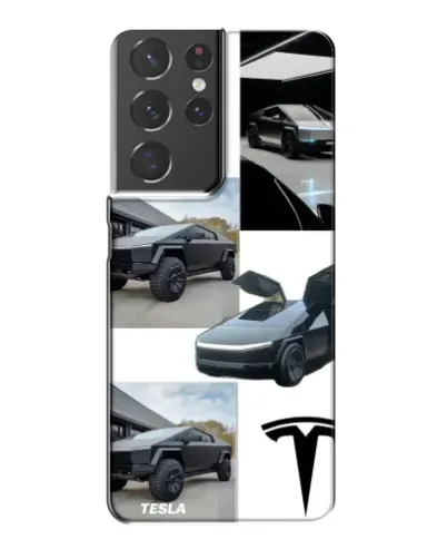 Чехол для Samsung Galaxy S21 Plus с картинкой «Коллаж Cybertruck Tesla»