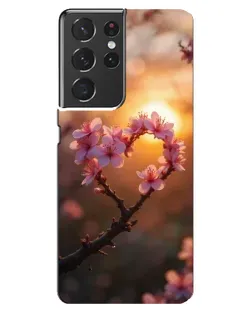 Чехол для Samsung Galaxy S21 ultra с картинкой «Розовый цвет сердце на фоне заката»