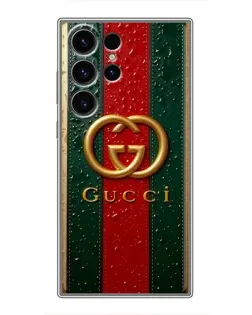 Чехол для Samsung Galaxy S22 Ultra с картинкой «Gucci — фирменная полоса и золото» Чехол для Samsung Galaxy S22 Ultra с картинкой «Gucci — фирменная полоса и золото»