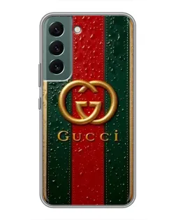 Чехол для Samsung Galaxy S22 с картинкой «Gucci — фирменная полоса и золото»