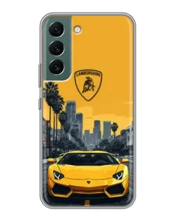 Чехол для Samsung Galaxy S22 с картинкой «Желтый Lamborghini город»