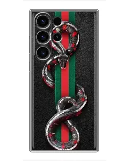 Чехол для Samsung Galaxy S23 Ultra с картинкой «Gucci — змея на полосе» Чехол для Samsung Galaxy S23 Ultra с картинкой «Gucci — змея на полосе»
