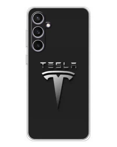 Чехол для Samsung Galaxy S24 FE с картинкой «Стальной логотип Tesla»