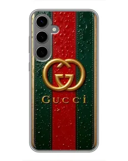Чехол для Samsung Galaxy S24 Plus с картинкой «Gucci — фирменная полоса и золото»
