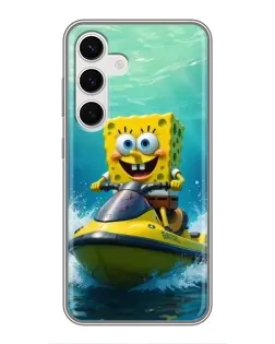 Чехол для Samsung Galaxy S24 с картинкой «Спанч Боб на гидроцикле»