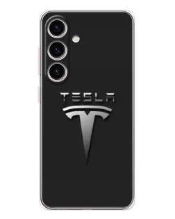 Чехол для Samsung Galaxy S25 с картинкой «Стальной логотип Tesla»
