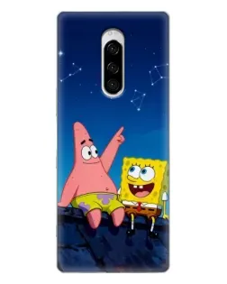 Чехол для Sony Xperia 1 с картинкой «Губка Боб и Патрик ночью»