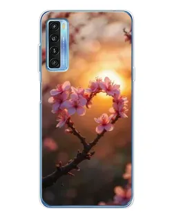 Чехол для TCL 20L Plus с картинкой «Розовый цвет сердце на фоне заката»
