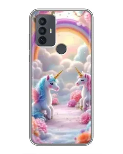 Чехол для TCL 30E с картинкой «Радуга и единороги»