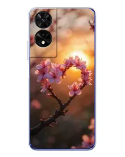 Чохол для TCL 505 з картинкою «Рожевий цвіт  сердечко на тлі заходу»