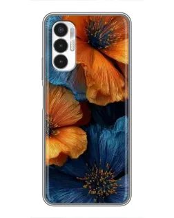 Чехол для TECNO POVA 3 (LF7n) с картинкой «Яркая сине-оранжевая флора»
