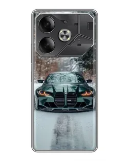 Чехол для TECNO Pova 6 с картинкой «BMW в зимнем лесу»