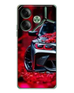 Чехол для TECNO Pova 7 с картинкой «Спортивная BMW и цветы»