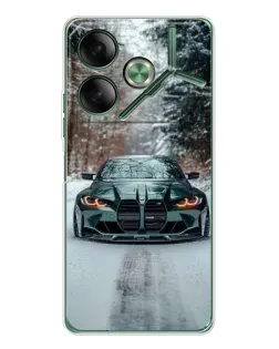 Чехол для TECNO Pova 7 с картинкой «BMW в зимнем лесу»