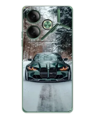 Чехол для TECNO Pova 7 с картинкой «BMW в зимнем лесу»