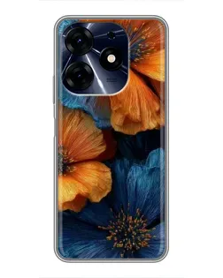 Чехол для TECNO Spark 10c с картинкой «Яркая сине-оранжевая флора»
