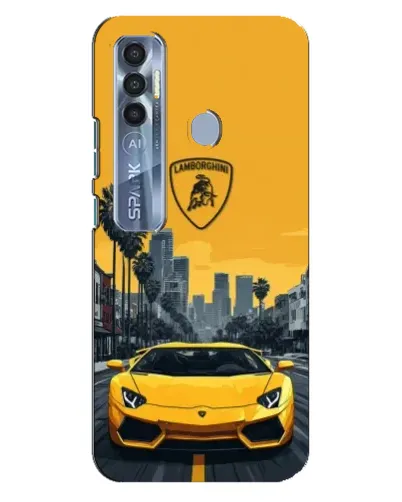 Чехол для TECNO Spark 7 Pro с картинкой «Желтый Lamborghini город»
