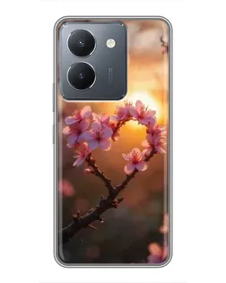 Чехол для Vivo Y36 с картинкой «Розовый цвет сердце на фоне заката»