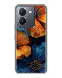 Чехол для Vivo Y36 с картинкой «Яркая сине-оранжевая флора»