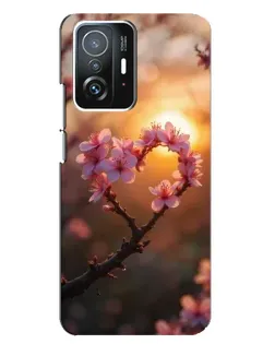 Чохол для Xiaomi 11T / 11T Pro з картинкою «Рожевий цвіт  сердечко на тлі заходу»