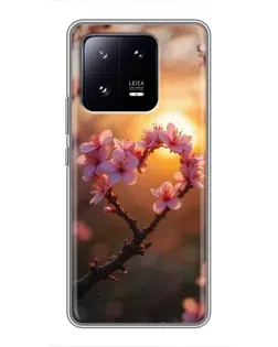 Чехол для Xiaomi 13 Pro с картинкой «Розовый цвет сердце на фоне заката»