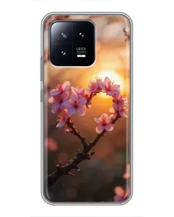 Чохол для Xiaomi 13 з картинкою «Рожевий цвіт  сердечко на тлі заходу»