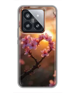Чехол для Xiaomi 14 Pro с картинкой «Розовый цвет сердце на фоне заката»