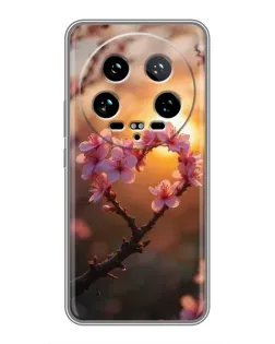 Чехол для Xiaomi 14 Ultra с картинкой «Розовый цвет сердце на фоне заката»
