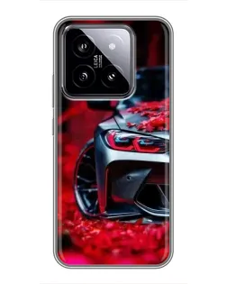 Чехол для Xiaomi 14 с картинкой «Спортивная BMW и цветы»