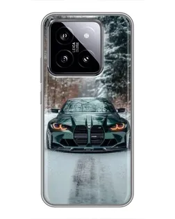 Чехол для Xiaomi 14 с картинкой «BMW в зимнем лесу»